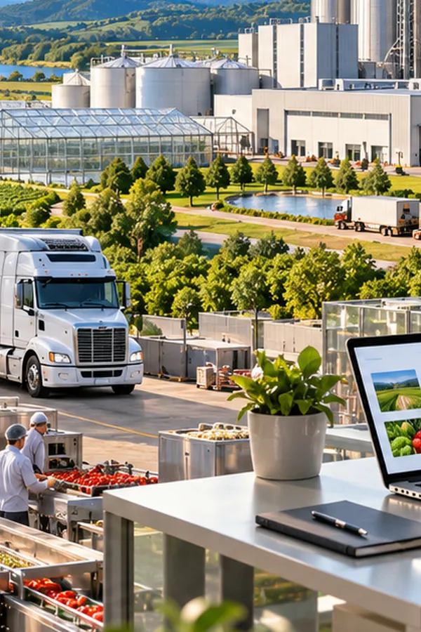 Greenhouses, farmland and a food production facility