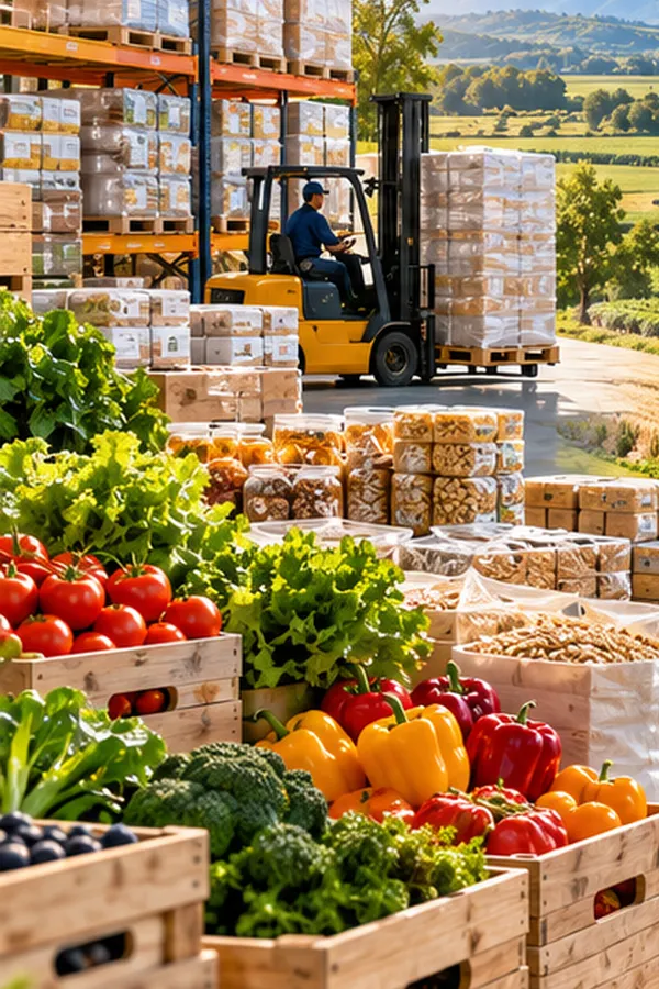 Fresh produce, packaged foods and pallets of inventory in a food warehouse